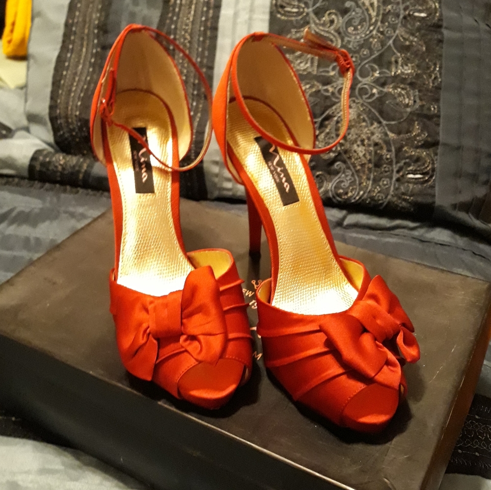 GORGEOUS Nina Red satin ankle strap bow heels